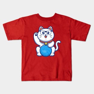 Cute Cat Playing Ball Cartoon (2) Kids T-Shirt